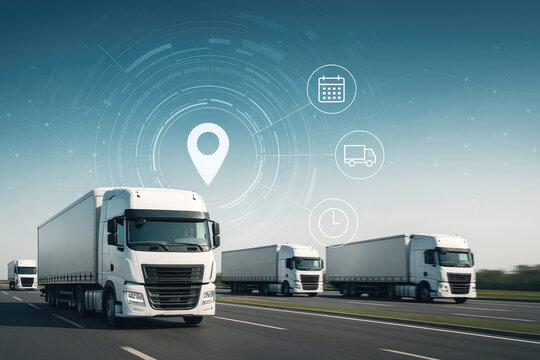 White semi trucks driving on highway with digital logistics overlay transportation