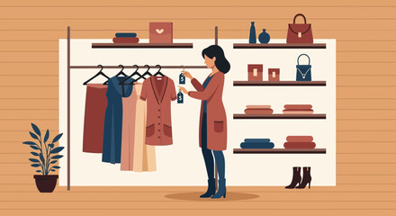 Clothing Boutique Owner Pricing Merchandise In Her Shop Ready For Customers