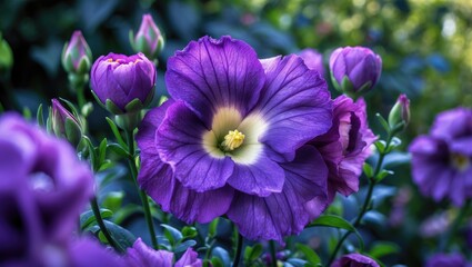 Vivid purple flowers in bloom with green foliage in the background. Beautiful garden scene showcasing colorful blossoms.