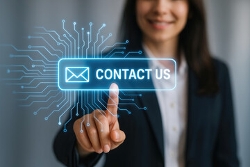 Woman touching digital contact button with circuit design finger interface