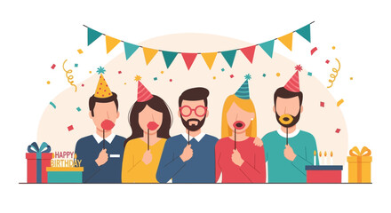 Fototapeta premium Colorful Birthday Celebration With Cheerful Friends And Festive Party Accessories