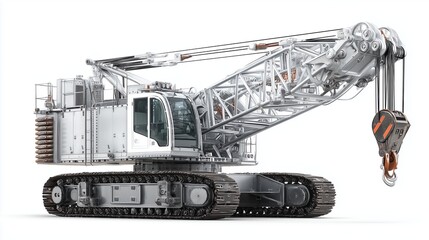 Heavy-Duty Construction Crane with Metal Tracks and Large Boom on White Background