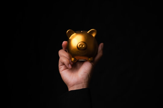 Celebration of wealth growth golden piggy bank minimalistic studio financial symbolism handheld perspective