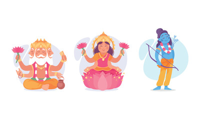 Colorful illustrations of Hindu deities like Lakshmi, Vishnu, and Brahma, showcasing their beauty