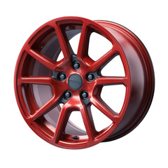 Obraz premium Modern glossy red alloy car wheel with black accents isolated on transparent background