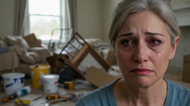 Sad senior woman crying in a messy room. Distraught mature female feeling hopeless and stressed during home renovation or after a disaster. Grief and loss concept.