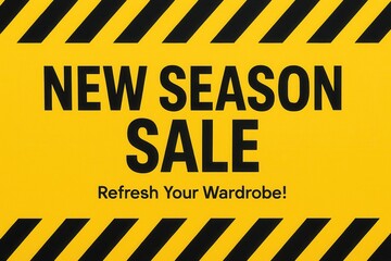 A bold yellow sale sign with black diagonal stripes and text promoting a new season sale, encouraging wardrobe refreshment, ideal for retail and fashion promotions.
