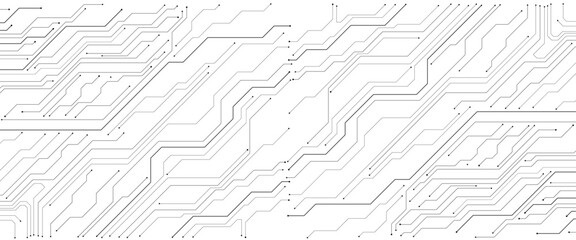 Futuristic white wires on a circuit board on technological background. Thin lines and dots. Great for web banners and presentations.
