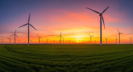 Wind turbines operating in a wide green field during sunset with orange and purple skies.