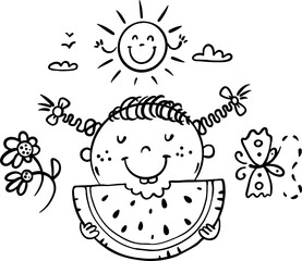 Cute girl eating watermelon. Black and white illustration, summer-themed clipart