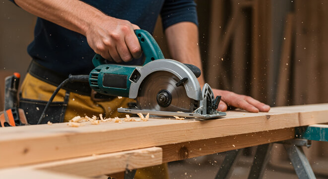 Craftsman Using Circular Saw to Cut Wooden Plank Surrounded by Sawdust in a Workshop Environment