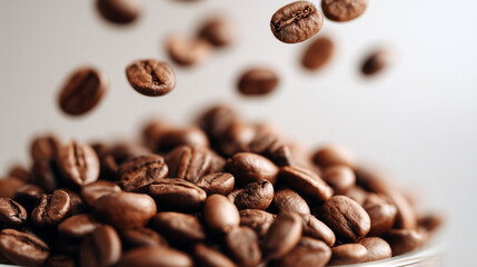 Obraz premium Roasted coffee beans falling and scattered on white background with motion blur effect. Fresh brown arabica beans in dynamic movement perfect for cafe, brewing and morning beverage concepts.