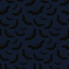 Halloween seamless pattern. Vector illustration of Halloween party. Ghosts, spider web, bat and pumpkins on a yellow background. Vector cartoon seamless pattern.