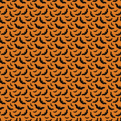 Halloween seamless pattern. Vector illustration of Halloween party. Ghosts, spider web, bat and pumpkins on a yellow background. Vector cartoon seamless pattern.