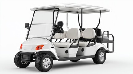 Modern White Golf Cart with Four Seats and Roof on White Background
