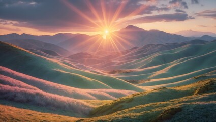 Sunrise over rolling green hills with mountains in the background and a radiant sun shining through clouds.