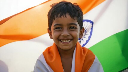 Happy young Indian boy smiling while holding the national flag of India. Patriotic child celebrating with pride and joy on a sunny day.