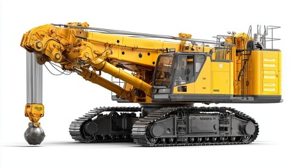 Massive Yellow Industrial Excavator with Wrecking Ball on White Background