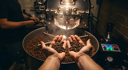 Hands Holding Freshly Roasted Coffee Beans Under Industrial Roaster in Artisan Coffee Workshop