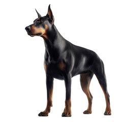Alert Doberman Pinscher Standing Tall with Erect Ears, Guard Dog Pose, Isolated on Transparent Background