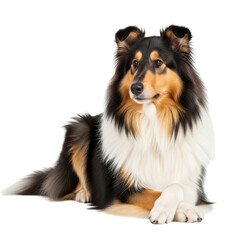 Majestic tricolor collie dog posed on white background