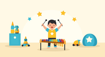 Fototapeta premium Joyful Boy Playing Xylophone Surrounded by Toys in a Colorful Room