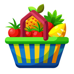 Shopping basket with fresh food and drink.Buy grocery in the supermarket. Vector flat design illustration on white background