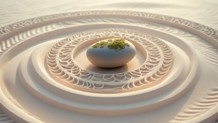 Fototapeta premium A stone with moss in the center of a geometric sand labyrinth in a desert landscape.