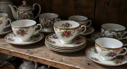 Fototapeta premium Collection of Vintage Porcelain Teacups and Saucers with Floral Design and Gold Trim Displayed on Wooden Shelf
