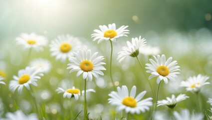 A field of daisies with white petals and yellow centers in a bright, sunlit setting with a soft-focus background.