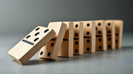 Wooden dominoes falling in a line on a grey surface