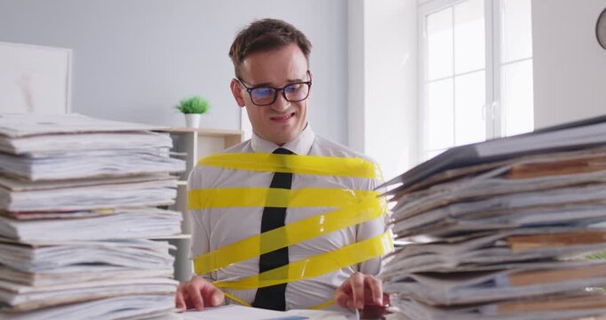 Portrait of an angry funny stressed screaming business man tied on his workplace with a pile of folders in office shouting with shocked face expression. Overwork, stress concept. 4k video.