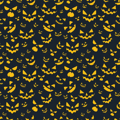 Halloween seamless pattern. Vector illustration of Halloween party. Ghosts, spider web, bat and pumpkins on a yellow background. Vector cartoon seamless pattern.