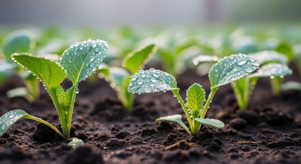 Rows of vibrant green seedlings emerge from dark, fertile soil, their leaves glistening with fresh dew drops in the morning light, promising a bountiful harvest