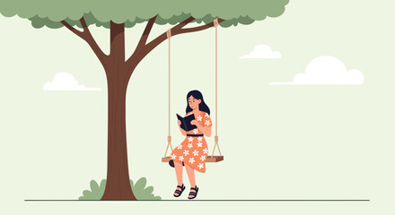 Girl Enjoying A Book While Relaxing On A Tree Swing Outdoor Serenity