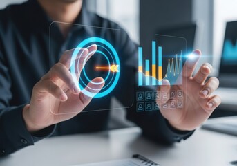Man interacting with futuristic holographic data display
