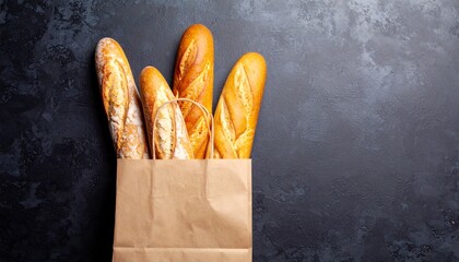 Freshly baked baguettes in a rustic brown paper bag, placed on a dark background. Warm, artisanal texture with crisp golden crusts, inviting and cozy bakery vibe