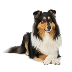 Majestic tricolor collie dog posed on white background