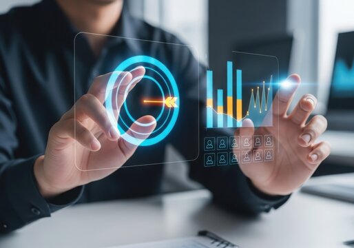 Man interacting with futuristic holographic data display