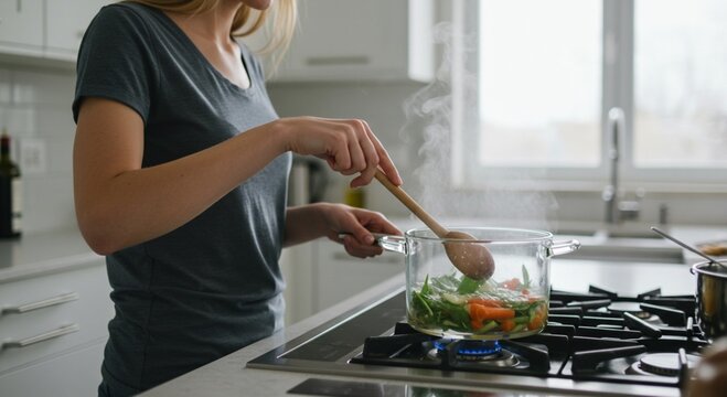 Woman cooking vegetables on stove