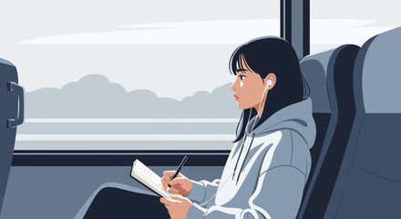 Girl Enjoying Trip Writing In Notepad On Bus With Scenery