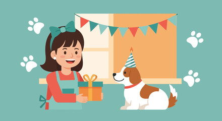 Naklejka premium Girl Gives Present To Dog On Birthday Party Celebrations With Festive Decorations