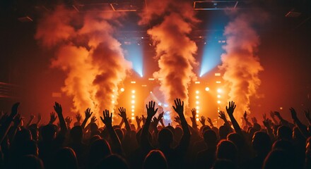 Energetic crowd cheering at live music event with stage lighting and smoke effects