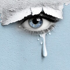 The Weight of Sadness Revealed Through a Tearful Eye Peeking Through Torn Wallpaper
