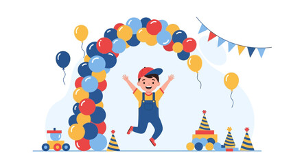 Fototapeta premium Joyful Celebration Happy Boy Jumping Under Colorful Balloons For A Cheerful Birthday Party