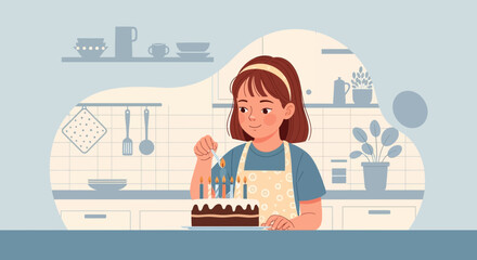 Girl Lights Birthday Candles On Cake In Cozy Kitchen Setting Illustration