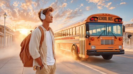 Young Man at Sunrise with School Bus in Background