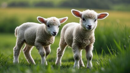 Fototapeta premium Two lambs standing in a grassy field with a blurred green landscape in the background.