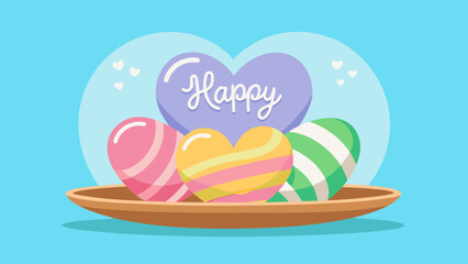 A plate of colorful heart shaped candies with the word happy on a purple heart background design