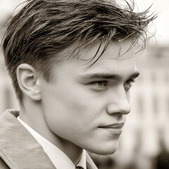 Young Man in Sepia Tone Looking Off into the Distance